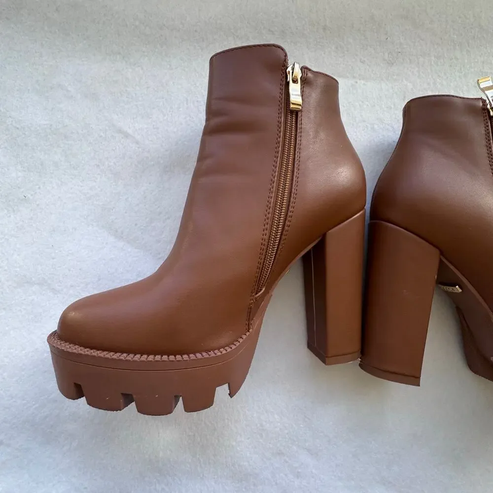 Studio F Chunky Platform Heeled Boots Size 37 – Brown Faux Leather Ankle Boots